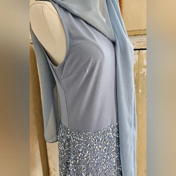 JKARA Blue Sequence Asymmetrical Cape/Shawl Flutter Sleeves Sheath Dress-Size 6P - Picture 8 of 9
